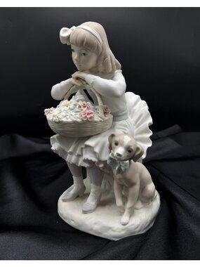 Vintage 1970s-80s Lladró Girl With Basket Of Flowers Figurine